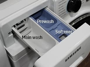 What are the 3 compartments in a washing machine drawer